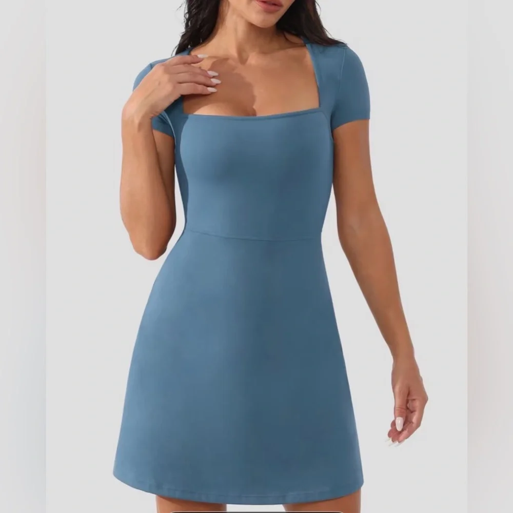 Medium Peacock Blue Women's Tennis Dress w/ pockets/ fitted/ skorts/ athletic - Picture 13 of 15